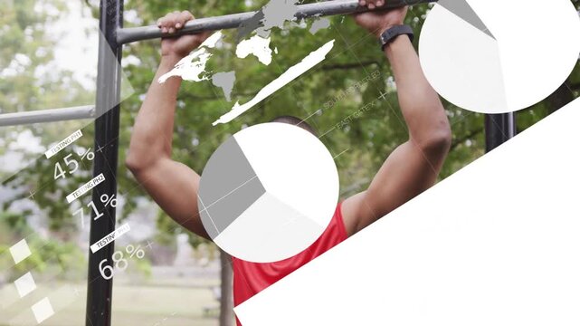 Man hanging on pullup bar in park, holding while animated charts sliding in displaying fitness data