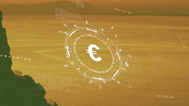 Holo HUD appearing over sea, rotating and pulsing, showing euro finance glyphs orbiting for markets