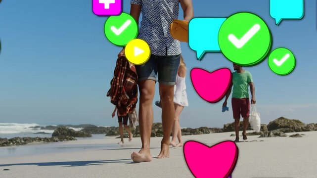 Lead man walking on sunny beach while social icons emerging from edges and representing online buzz