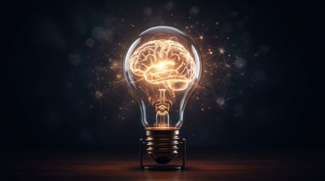 Light bulb with a glowing brain inside symbolizing idea and creativity, innovation concept with clean modern composition and bright inspirational light, dark background, realistic detail, no logos