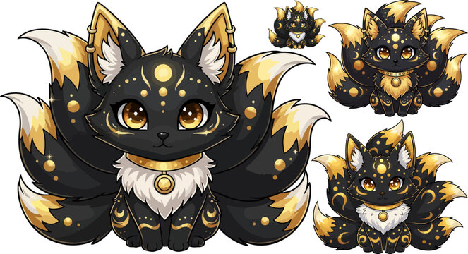 Golden fantasy cat icons, black and gold cute animals, cartoon furry creatures, decorative vector set