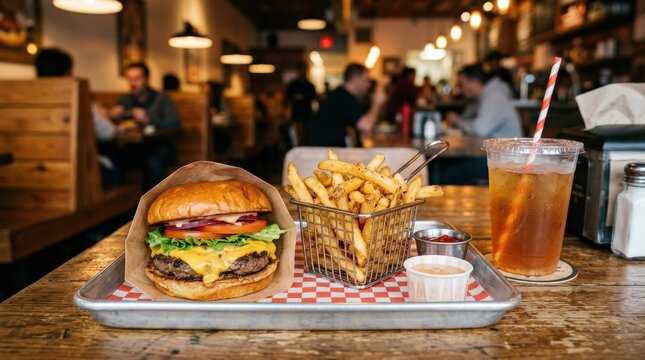 Cheeseburger menu with fries at fast food restaurant, classic combo meal, savory burger, crispy potatoes, warm lighting, no logos