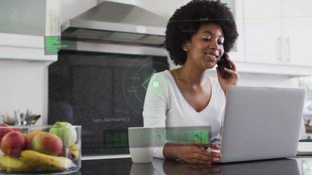 Phone ringing, woman on phone, tapping laptop, writing, data HUD updating on taps aiding business