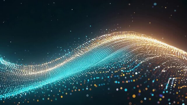 abstract glowing particle wave with blue and gold flowing lights on dark background