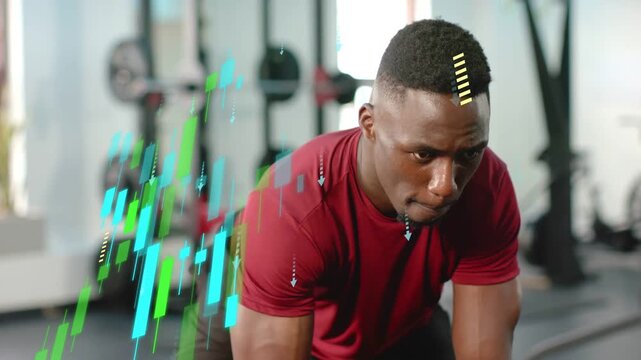 Man bracing, pulling hex dumbbell in one-arm rowing for fitness, candlestick bars obscuring him