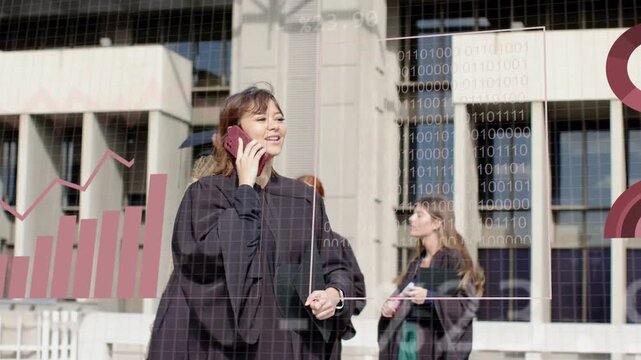 Education graduate celebrating on phone as camera moving closer graphs highlighting diploma