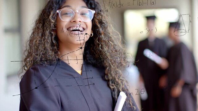 Camera panning upward, female graduate smiling, holding diploma, math overlays marking graduation