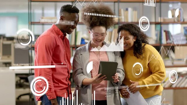 Center woman holding tablet, scrolling in learning hub, colleagues holding papers, charts animating