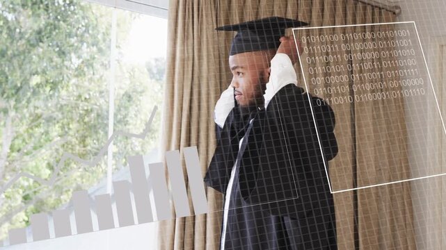 Male grad adjusting cap by window, peer arriving and cheering, charts appearing showing graduation