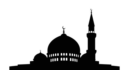 Silhouetted view of a mosque with domes and a minaret against white © SHANTI