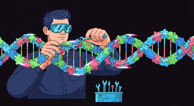 Geneticist fixing DNA strand made of puzzle pieces with wrench. Scientist engineer repairing genetic code. Biotechnology concept, molecular biology research and genome editing illustration.