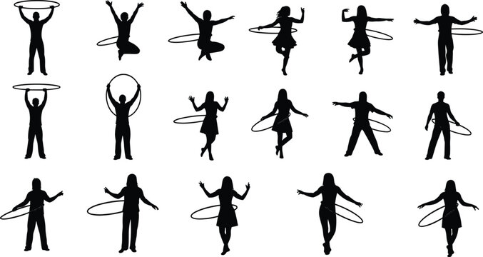 Silhouettes of Men and Women Playing with Hula Hoops in Various Active Poses Isolated on White Background for Fitness and Fun