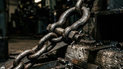 Naklejka premium Close up metal chain, industrial connection concept, sharp macro texture, dramatic light, no logos