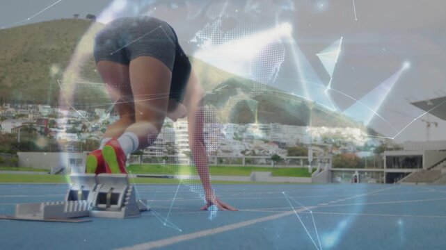 Track sprinter on start cue, pushing blocks, racing as mesh animating over her peaking then fading