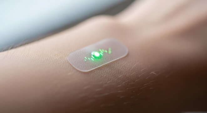 Small wearable biosensor patch with glowing green light applied on skin. Innovative medical device for real-time health monitoring and tracking vital sign data. Smart healthcare tech.
