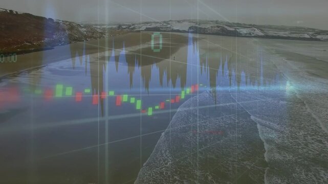 Camera panning coast revealing candlestick overlay scrolling, waveform pulsing, showing markets