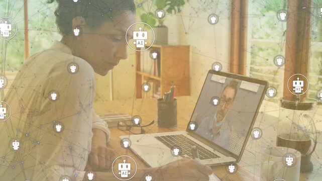 Woman taking notes after laptop call starts for business, AI icons floating over laptop screen