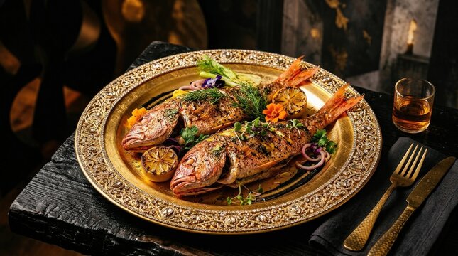 Two red fish on golden plate with sparkling rim under warm light, surreal food styling concept with strong contrast and modern artistic presentation, realistic detail, no logos