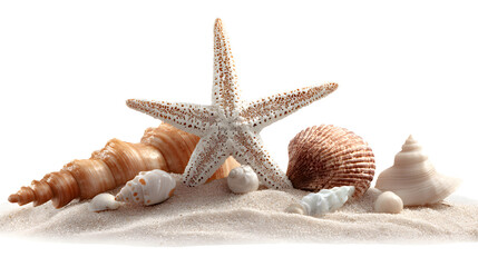 Obraz premium Ultra realistic HD starfish and shells on sand arrangement, isolated on white background