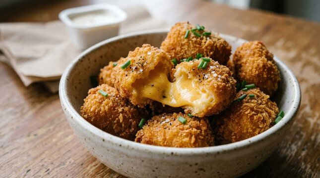 Fast food bites with melted cheese, indulgent snack concept with gooey filling and appetizing close-up texture, realistic detail, no logos