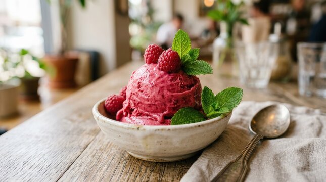 Fresh raspberry ice cream scoop garnished with mint leaves and whole raspberries, creamy dessert close up with vibrant berry color, appetizing light, realistic detail, no logos
