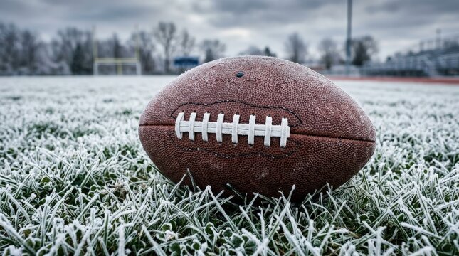 Brown American football lying on frosty grass with white laces clearly visible, cold weather sports concept with crisp texture and dramatic outdoor detail, realistic focus, no logos