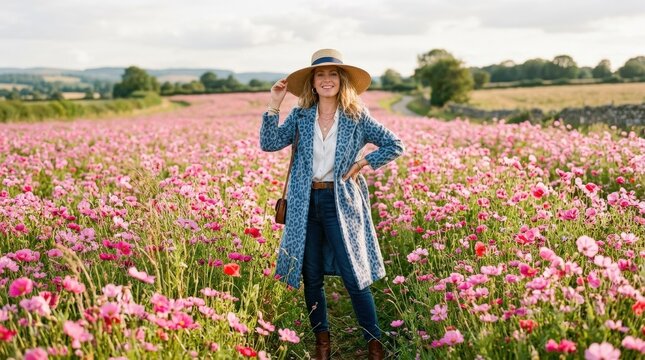 Confident woman in a wide-brim straw hat and soft blue leopard-print coat posing in a field of pink flowers, feminine editorial fashion with vintage elegance, no logos