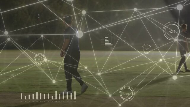 Bowler starting runup bowling camera following AR showing cricket graphs over players tracking pace