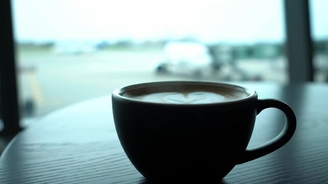 A cup of coffee with a heart pattern sits on a table next to a window overlooking an airport runway.