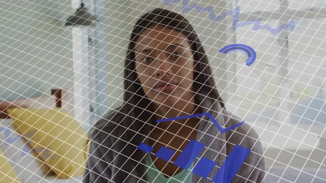 Woman standing in soft room, blue charts sliding from right covering face and chest, showing data