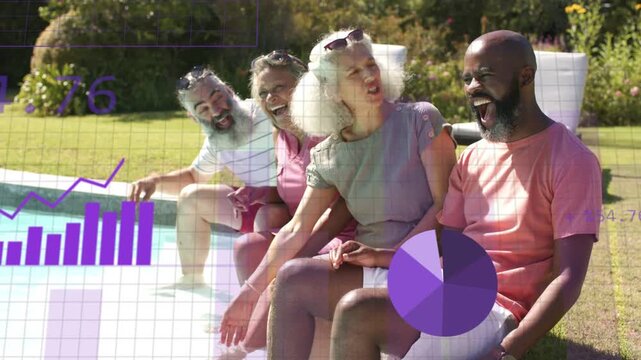 4 people sitting poolside relaxing while senior woman dipping hand causing marketing charts rising