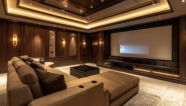 Luxury home theater with brown couch.