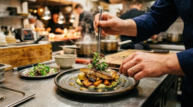 Two hands garnishing a steaming dish with fresh microgreens, chef plating concept, gourmet cuisine preparation, warm kitchen atmosphere, realistic food detail, no logos