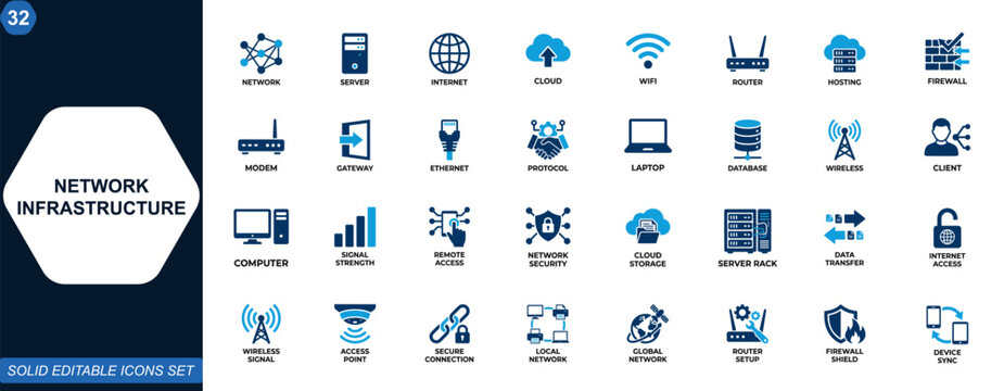 Network infrastructure and internet connection icons. Server hosting, cloud, wifi, router, cybersecurity, computer devices icons collection. Vector.