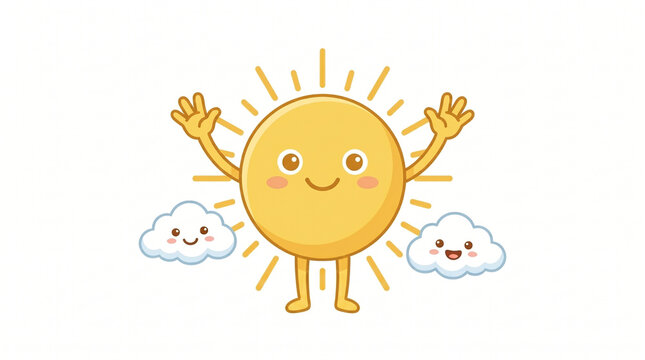 Cheerful sun mascot with a smiling face and cute clouds. High-quality vector style illustration for weather forecast, summer, and childhood education themes.
