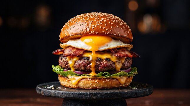 Mouthwatering double cheeseburger with bacon and egg on sesame seed bun on black plate