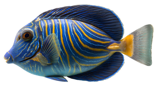 Ultra realistic HD blue tang tropical fish vibrant stripes fins, isolated on white background