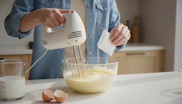 A close-up shot of a person using an electric hand mixer to blend batter in a glass bowl while holding a small ingredient packet in a bright kitchen.