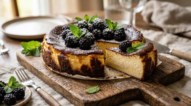 Basque cheesecake with blackberries and mint on a wooden board, rich baked dessert with creamy texture and elegant rustic presentation, soft light, realistic food detail, no logos