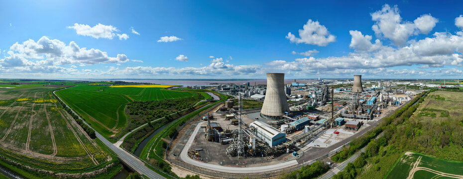 Aerial view of Salt End Chemicals Park with cooling towers and industrial infrastructure near the Humber estuary at Salt End, England, United Kingdom.