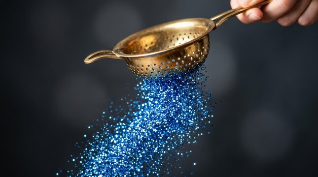 Brass strainer with blue glitter spilling out, creative luxury abstract concept, metallic shine and sparkling particles, clean background, high detail, no logos