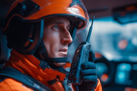 A close-up shows an emergency responder focused on radio communication while seated in a response vehicle. The scene captures the urgency of the situation.