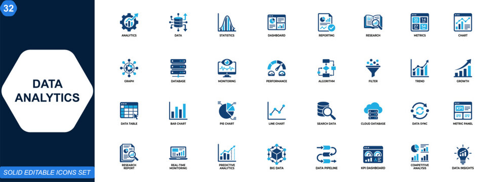 Data analytics icon set. Analytics, statistics, dashboard, reporting, research, database, performance, metrics, business intelligence, data visualization. Editable icons collection. Vector.