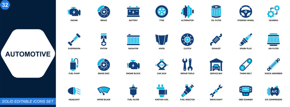 Automotive icon set. Auto parts, car repair, vehicle maintenance, mechanic tools, engine components, brake system, battery service, garage workshop. Editable icons collection. Vector.