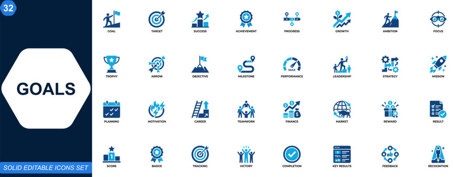Goals icon set. Target, success, achievement, business growth, objective, strategy, progress, leadership, milestone, performance. Editable icons collection. Vector.