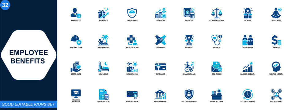 Employee benefits icon set. Insurance, pension, payroll, compensation, wellness, bonus, workplace support, HR, staff protection, retirement, incentives. Editable icons collection. Vector.