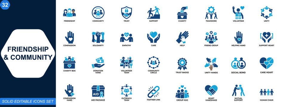 Friendship and community icons set. Friendship, community, trust, support, charity, teamwork, volunteer, solidarity, compassion, unity, connection. Editable icons collection. Vector.