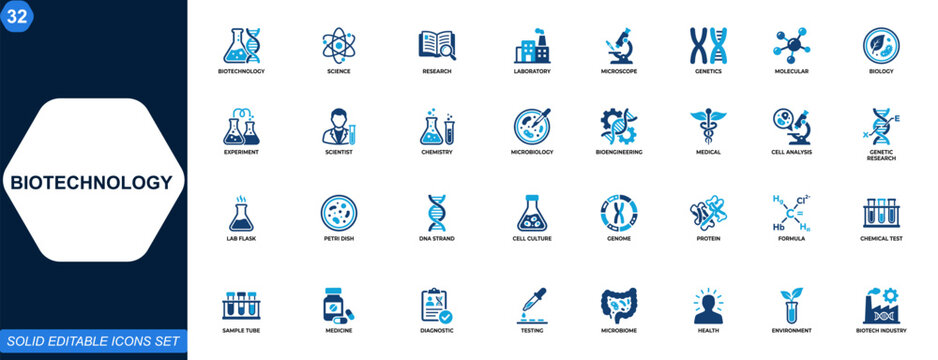Biotechnology icons collection. Biotechnology, research, laboratory, microscope, genetics, molecular biology, cell analysis, bioengineering, chemistry, medical science. Editable icons collection.