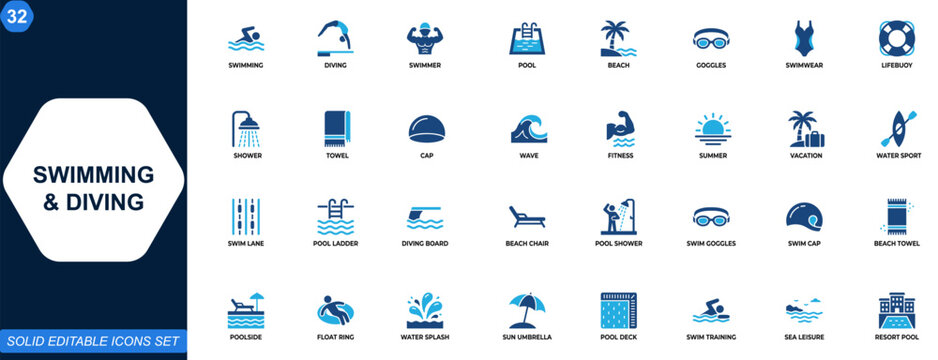 Swimming and diving icon set. Swimmer, pool, beach, goggles, lifebuoy, swimwear, fitness, summer vacation, water sport, aquatic lifestyle, pool training. Editable icons collection. Vector.