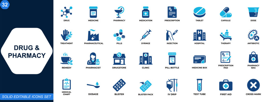 Drug and pharmacy icon set. Medicine, medication, prescription, tablet, capsule, dose, treatment, pharmacy, pharmaceutical, healthcare. Editable icons collection. Vector.